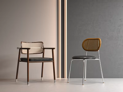 Stylish Contemporary Dining Chairs Featuring Wooden Metal Frame Rattan Backrest and Black Cushion 3d model