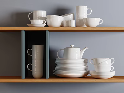 White Dinnerware Set With Mugs Plates Teapot On Wooden Shelf Gray Wall 3d model