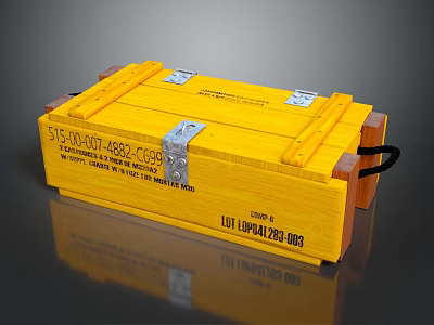 Yellow Wooden Crate With Metal Clasps And Serial Numbers On Surface 3d model