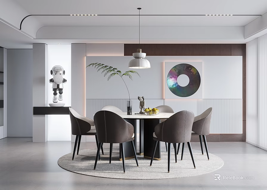 Modern Restaurant Interior Featuring Round Dining Table Chairs Pendant Light And Decorative Artwork 3d model 