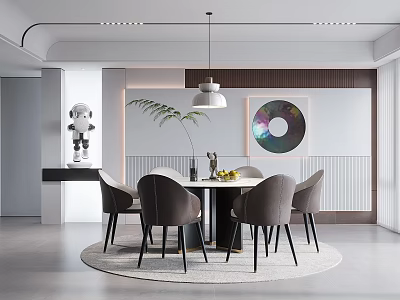 Modern Restaurant Interior Featuring Round Dining Table Chairs Pendant Light And Decorative Artwork 3d model