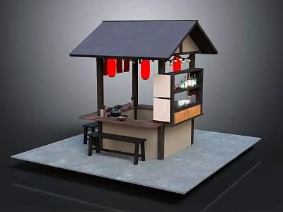 Traditional Japanese Street Stall Design With Black Roof Red Lanterns Counter And Stools 3d model