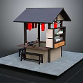 Traditional Japanese Street Stall Design With Black Roof Red Lanterns Counter And Stools