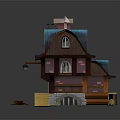 Cute Small Wooden House With Blue Roof Chimney And Green Grass Base