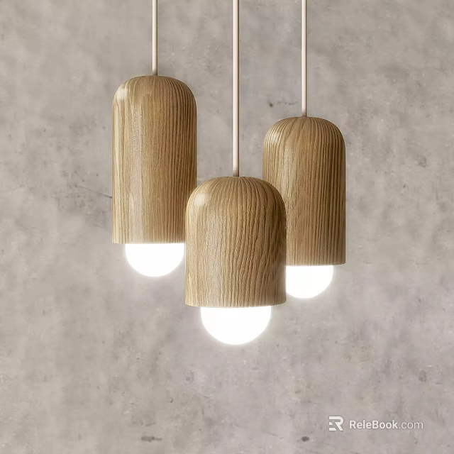 Wooden Pendant Lights Three Cylindrical Design With White Light Gray Wall Background 3d model 