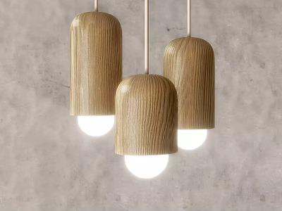 Wooden Pendant Lights Three Cylindrical Design With White Light Gray Wall Background 3d model
