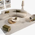 Modern Curved Beige Sofa With Marble Coffee Table Wall Art Floor Lamp And Rug