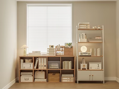 Modern Wooden and White Shelving Unit in Room Corner With Files Boxes Baskets and Lamp 3d model