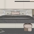 Modern Double Bed Bedroom Interior With Upholstered Headboard Pillows Blanket And Nightstands Stool Rug