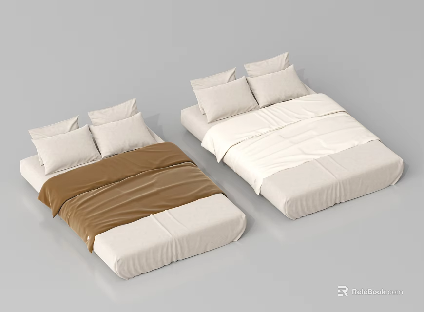 Soft Mattress With White And Brown Bed Sheets And Plush Pillows 3d model 