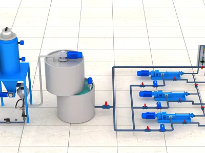 Industrial Equipment System With Blue Storage Tanks Piping Valves And Control Panel 3d model