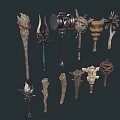 Various Fantasy Weapons Collection With Unique Designs Metal Wood Handles And Decorative Elements