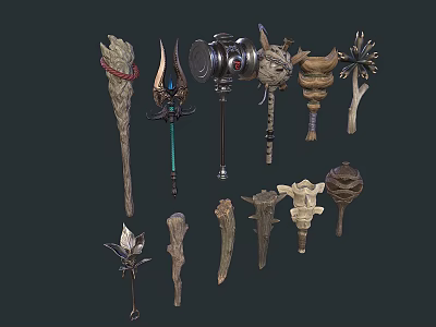 Various Fantasy Weapons Collection With Unique Designs Metal Wood Handles And Decorative Elements 3d model
