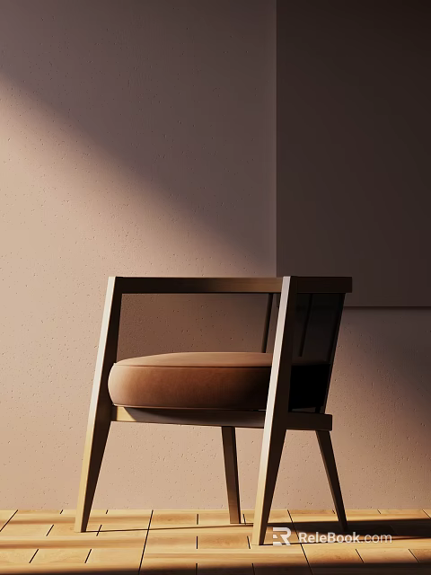 Single Chair with Wooden Frame and Beige Cushion Against Light Colored Wall and Light Shadow Effect 3d model 