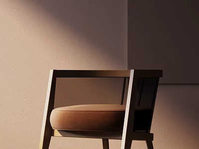Single Chair with Wooden Frame and Beige Cushion Against Light Colored Wall and Light Shadow Effect 3d model