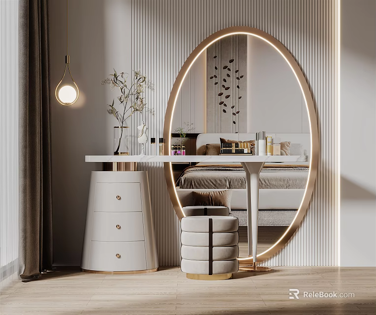 Modern Dressing Table Interior With Oval Backlit Mirror White Drawer Cabinet Stool And Decor Items 3d model 