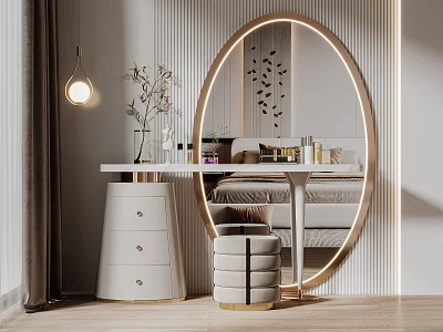 Modern Dressing Table Interior With Oval Backlit Mirror White Drawer Cabinet Stool And Decor Items 3d model