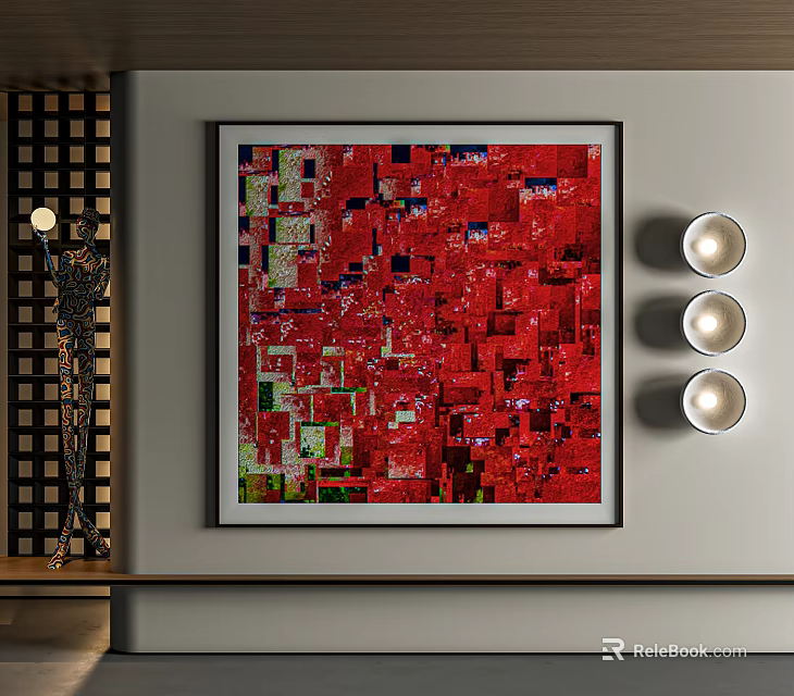 Modern Abstract Painting With Red Geometric Patterns And Circular Wall Lights 3d model
