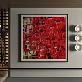Modern Abstract Painting With Red Geometric Patterns And Circular Wall Lights 3d model