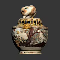 Decorative Ceramic Jar With Cat Figure Lid And Colorful Traditional Patterns