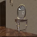 Wooden Dressing Table with Oval Mirror Gold Accents Wall Lamp Dark Doors and Patterned Floor