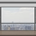 Floor to ceiling windows in modern interior with panoramic city skyline view and wooden floor