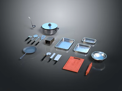 Kitchen Cooking Utensils Set With Pot Frying Pan Knives Cutting Board And Trays 3d model