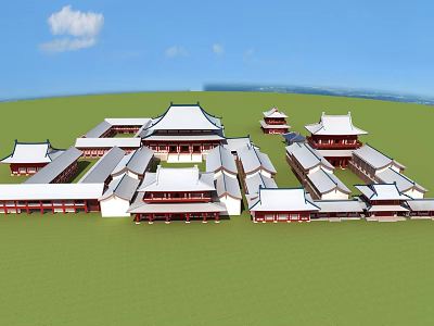 Ancient Chinese Architecture With Traditional Roofs Red Columns And Courtyard Layout 3d model