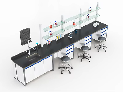 Laboratory Workstation With Black Benches Stools Shelves And Scientific Equipment 3d model