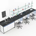 Laboratory Workstation With Black Benches Stools Shelves And Scientific Equipment