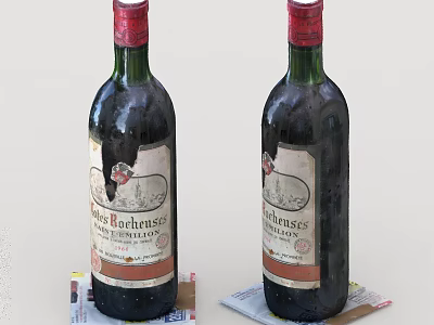 Two Vintage Château de la Rochefoucauld Red Wine Bottles on Newspaper Background 3d model