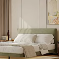 Double Bed In Modern Bedroom With Green Headboard White Pillows And Abstract Painting