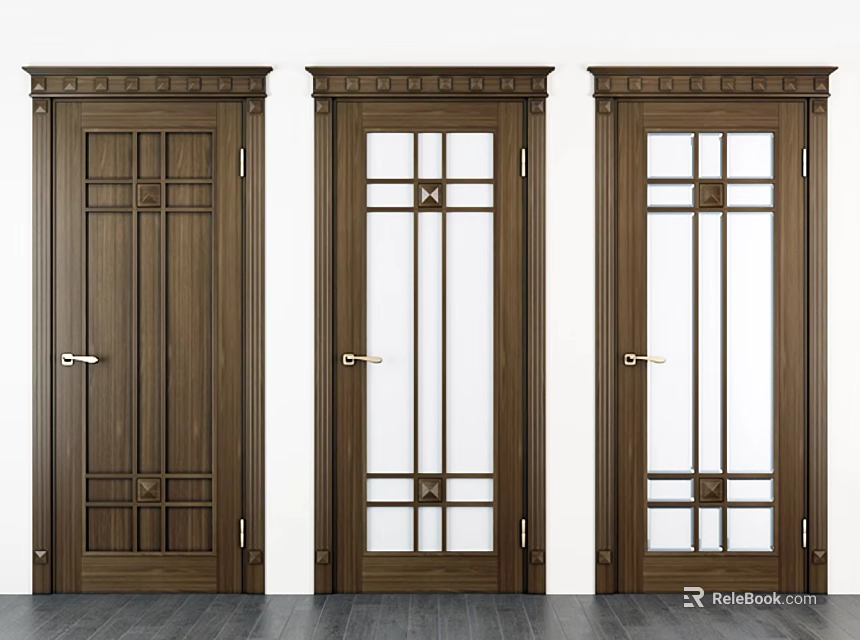 Classic Wooden Hinged Doors Featuring Glass Panels And Solid Wood Grid Patterns 3d model