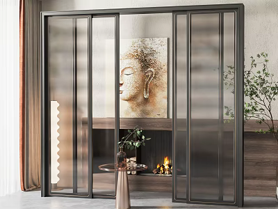 Modern Interior Black Frame Frosted Glass Sliding Doors With Decorative Painting And Fireplace 3d model