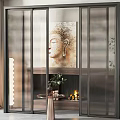 Modern Interior Black Frame Frosted Glass Sliding Doors With Decorative Painting And Fireplace