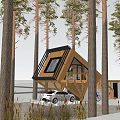 Wooden House With Sloped Roof Black Frame And Balcony Surrounded By Trees Near Car Bicycle