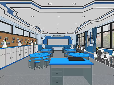 School Science Laboratory With Blue Lab Tables White Cabinets Equipment And Windows 3d model