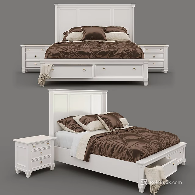 Elegant White Double Bed Frame With Brown Comforter Pillows And Nightstand 3d model 