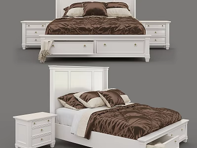 Elegant White Double Bed Frame With Brown Comforter Pillows And Nightstand 3d model