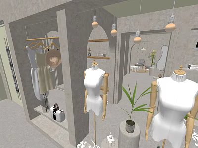Modern Clothing Store Interior With Mannequins Clothes Hangers Mirror Plants And Lighting 3d model