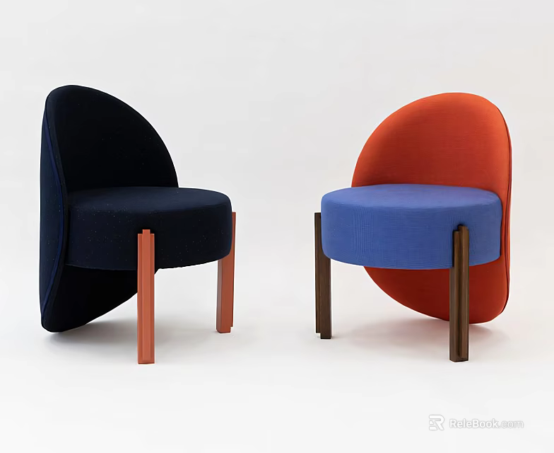 Stylish Single Chair with Navy Blue Orange Backrest Blue Seat and Wooden Legs 3d model 