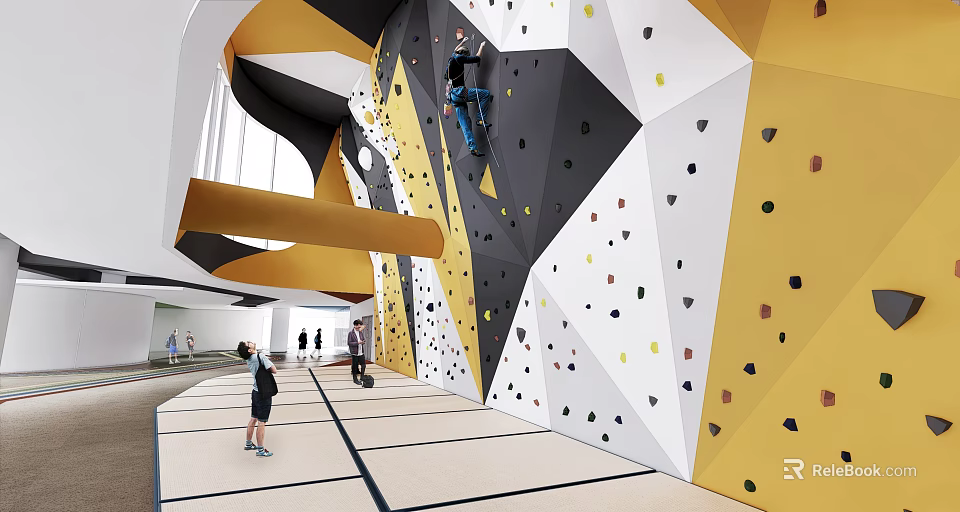Sports Equipment Indoor Climbing Wall With Colorful Holds And People Climbing 3d model 