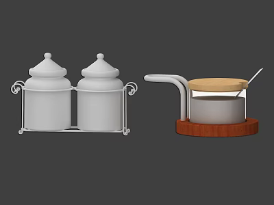 Kitchen Accessories Double Canister Set With Metal Stand and Wooden Lid Pot With Spoon 3d model