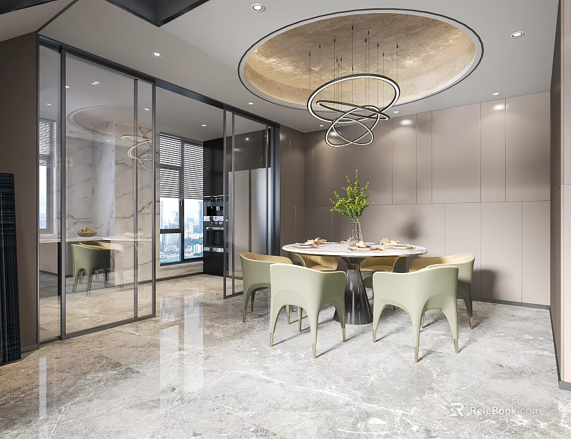 Elegant Modern Dining Room Interior With Marble Table Chairs And Chandelier 3d model
