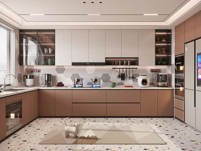 Modern Kitchen Interior Design With White And Brown Cabinets Appliances And Natural Light 3d model