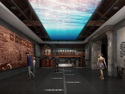Cultural Center Interior With Historical Murals Digital Ceiling Display And Visitors Exploring 3d model