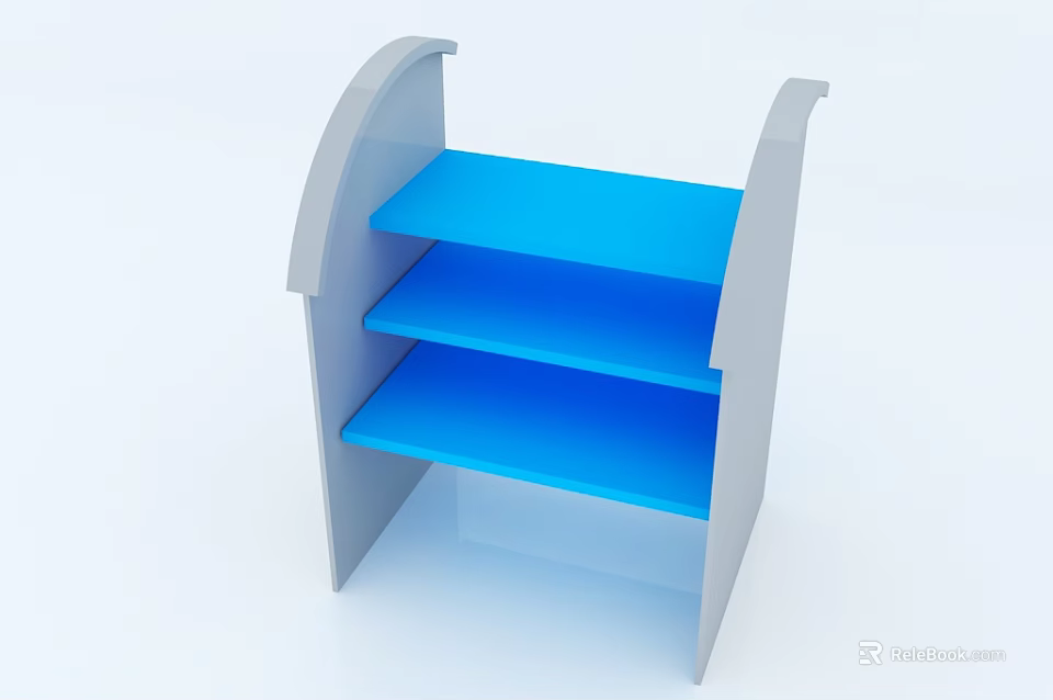 Three Tier Blue Display Shelf with Gray Curved Side Frames and Supports 3d model 