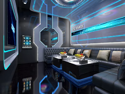 Modern KTV Interior Design With Blue Lighting Sofa Seating And Tables 3d model