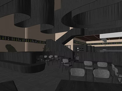 Modern Restaurant Interior With Wooden Curved Ceiling Decorations Tables Chairs Bar And Wine Racks 3d model