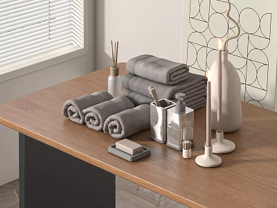 Gray Rolled Towels on Wooden Table with Aromatherapy Candles and Decorative Items 3d model